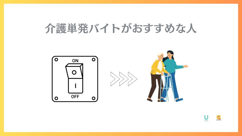 スイッチのイラストに介護の仕事をする人が並んだ図解

「介護単発バイトがおすすめな人」の文字