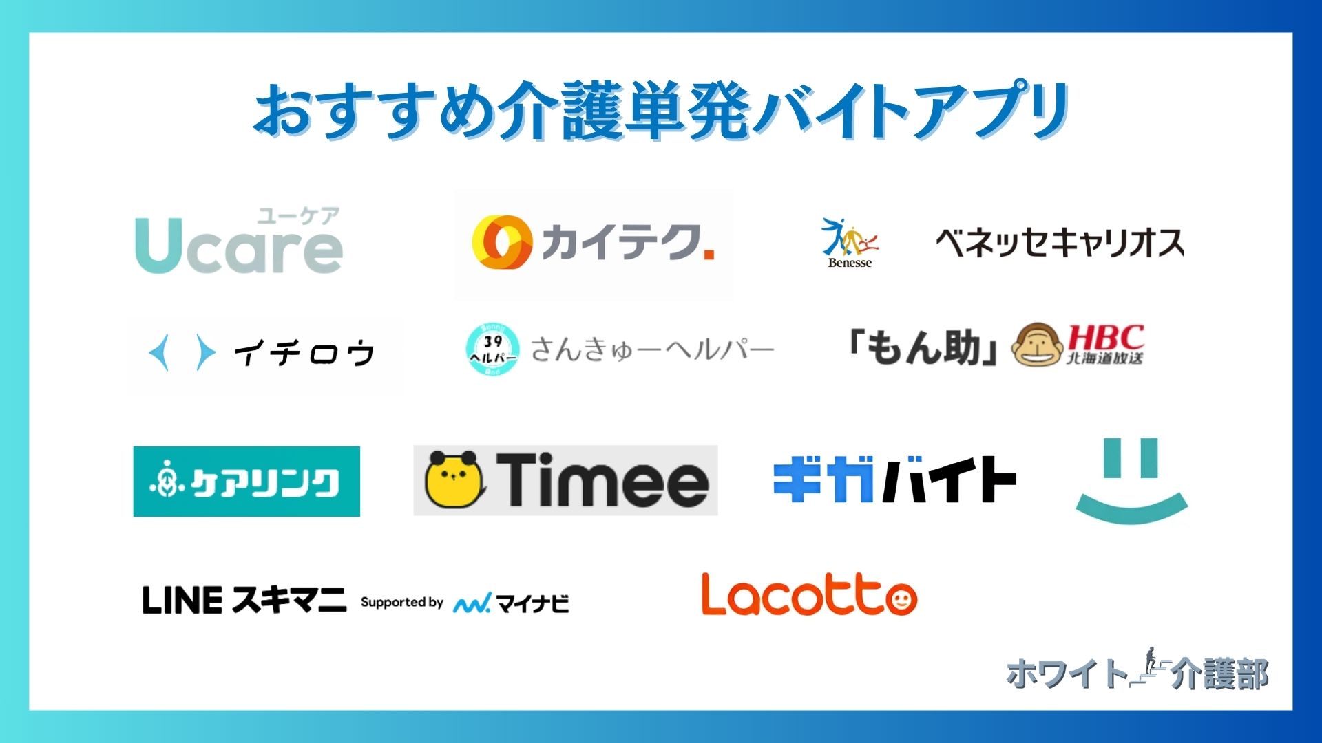 介護単発バイトアプリおすすめ7選 と介護の求人もある総合型バイト5選のロゴをまとめたアイキャッチ