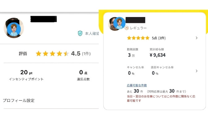 筆者のかくと(長田哲也)がUcareを利用している証拠画像。少し顔出しをした「マイページ」画像。

名前と顔を半分だして残りを目隠ししたかくとが働いたカイテクアプリのマイページ画像。証拠。