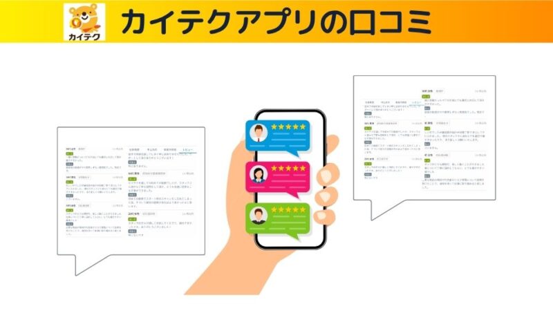 カイテクアプリ内の実際の口コミをスクショした画像をベースにスマホのイラストを入れてコラージュしたオリジナル画像