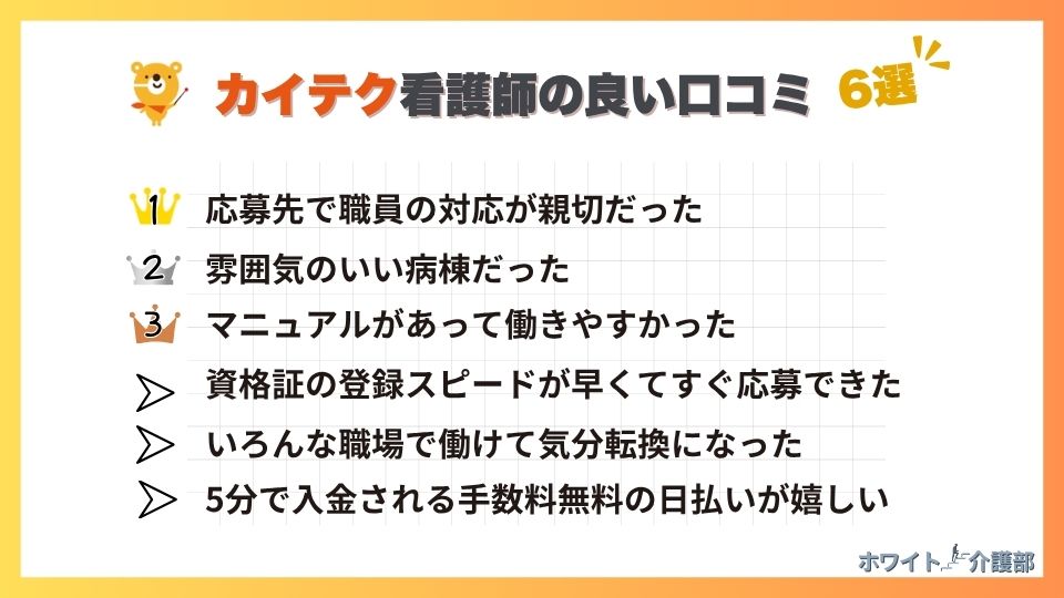 カイテク看護師の良い口コミ6選
タイトルを指揮棒で指すカイテクのキャラクターロゴ。方眼用紙のうえにまとめたカイテク看護師の良い口コミ。わかりやすくまとめたもの。