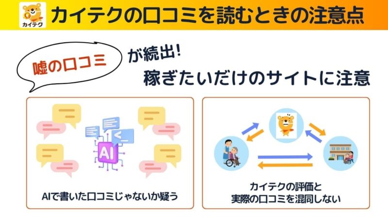 カイテクの口コミ評判を読む時の注意点をわかりやすく説明したオリナル図解。カイテクの口コミを読むときの注意点

AIで書いた口コミじゃないか疑うことを伝えつための図解

カイテクの評価と実際の口コミを混同しない大切さを伝えるための図解