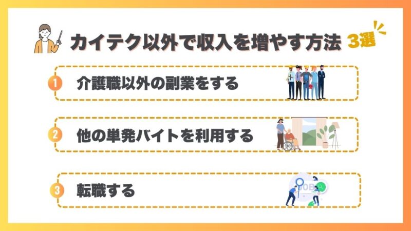 カイテク以外で収入を増やす方法を図解で表現

イラスト4点と文章で解説している