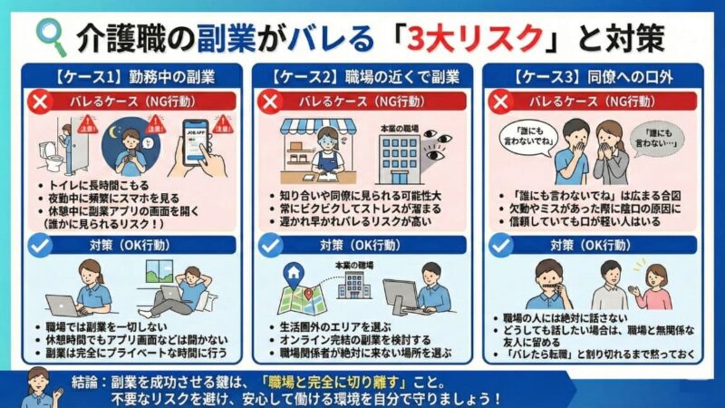 介護職の副業がバレる理由と対策が大方理解できる図解。