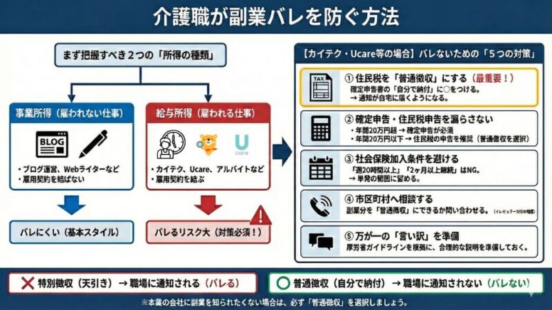 介護職が副業バレを防ぐ方法を詳細に解説した図解。