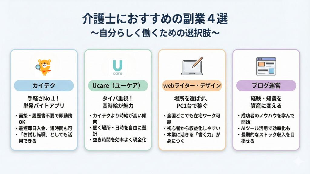 介護士におすすめの副業4選を網羅したシンプルな図解