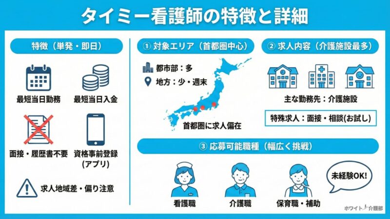 タイミー看護師の特徴と詳細
本文の内容をイラスト多めで解説した図解。