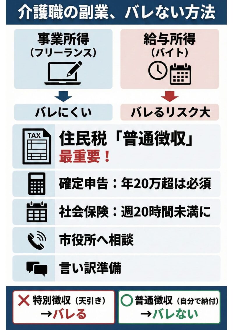 介護職が副業バレを防ぐ方法を詳細に解説した図解。