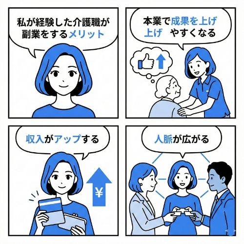 私が経験した介護職が副業をするメリットを解説した４コマ漫画