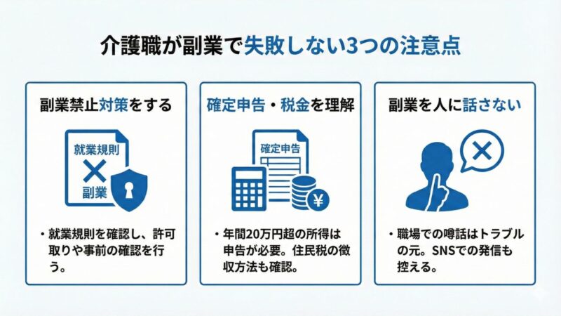 介護職が副業で失敗しないための注意点3つを解説した図解