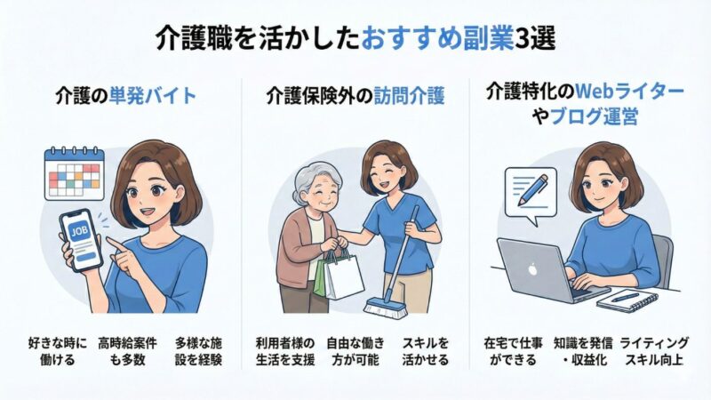 介護職を活かしたおすすめ副業3選をそれぞれ解説した図解。まあこさんのイラストあり。