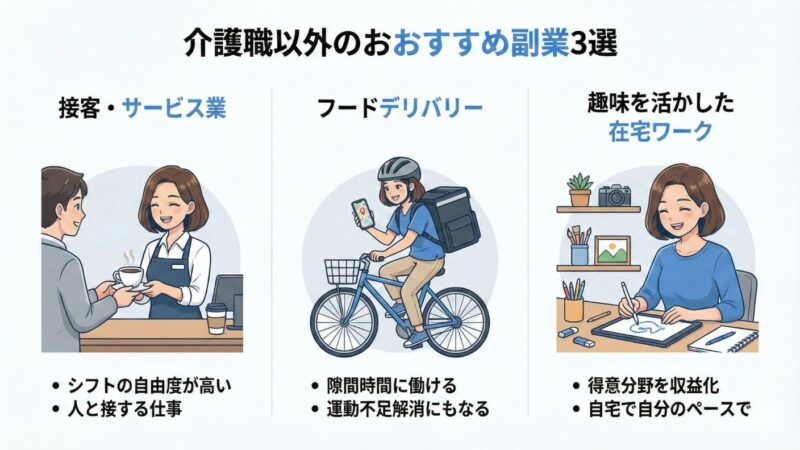 介護職以外のおすすめ副業を解説した図解。まあこさんのイラストあり。