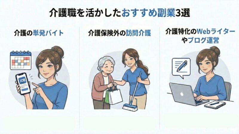 介護職を活かしたおすすめ副業3選をそれぞれ解説した図解。理美さんのイラストあり。