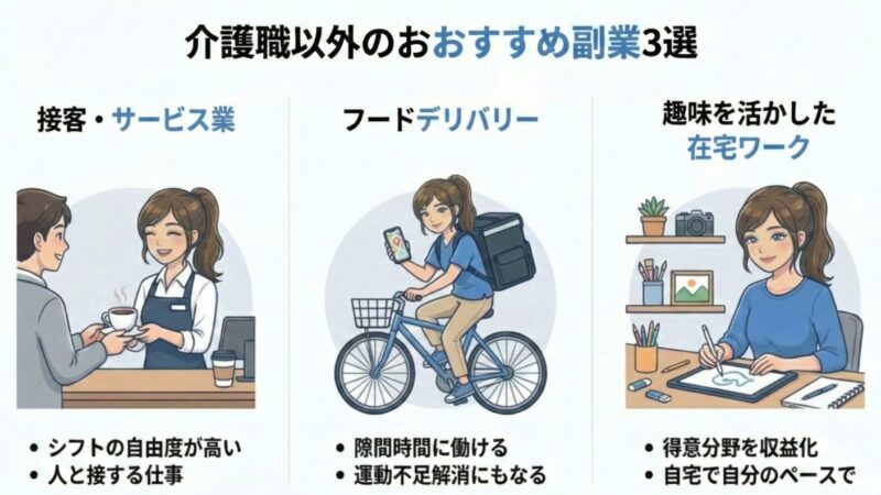 介護職以外のおすすめ副業を解説した図解。理美さんのイラストあり。