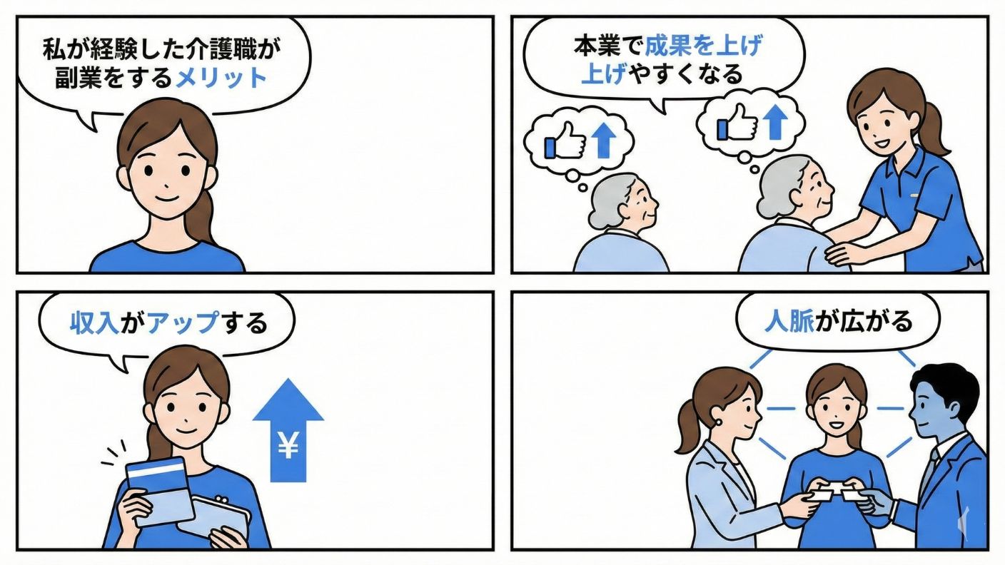 私が経験した介護職が副業をするメリットを解説した4コマ漫画