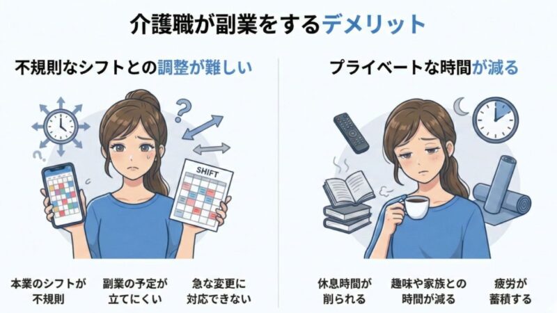 介護職が副業をするデメリットを解説した図解。理美さんのイラストを使用。