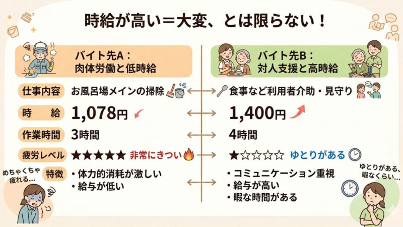 私が体験したバイト先Aとバイト先Bを比較した図解
・時給が安いからといって楽だと思わないこと
・色々な求人に応募して早くお気に入りを見つけること
・実際に働いてみないと本当の良し悪しは見分けられない