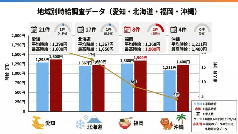 愛知,北海道,福岡,沖縄の給料・時給調査をグラフ化した画像。