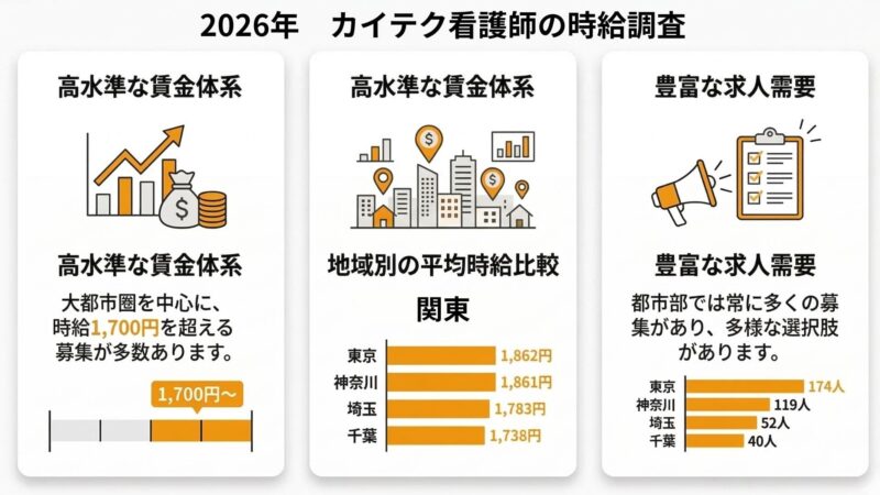 カイテク看護師の2026年2月14日の時給調査の特徴を図解にしたもの。