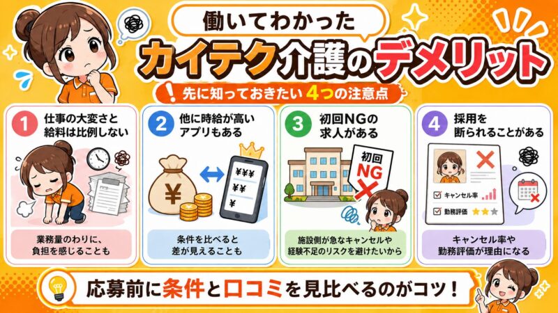 働いて実感したカイテクの欠点を4つの提示した図解。