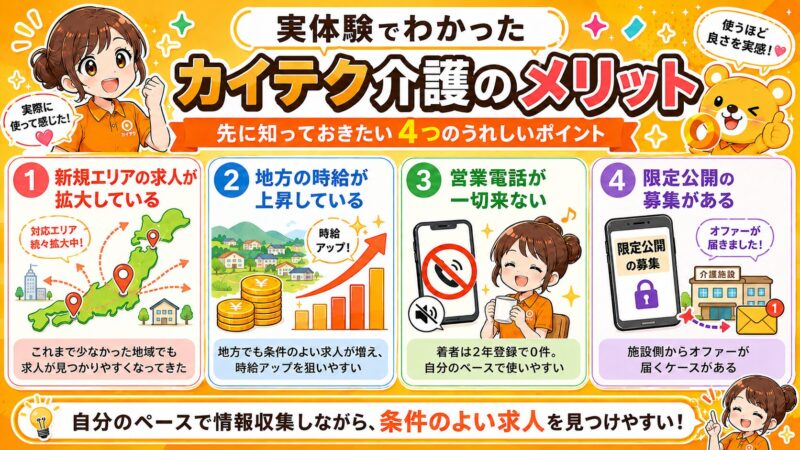 カイテク介護4つのメリットを図解で解説したもの。すべて実体験として経験。リサーチ済み。