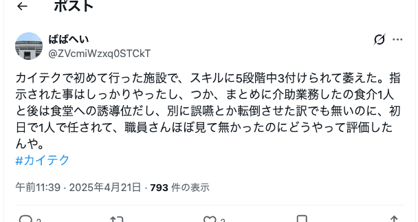 Xの投稿内容。
カイテクで初めて行った施設で、スキルに5段階中3付けられて萎えた。指示された事はしっかりやったし、つか、まとめに介助業務したの食介1人と後は食堂への誘導位だし、別に誤嚥とか転倒させた訳でも無いのに、初日で1人で任されて、職員さんほぼ見て無かったのにどうやって評価したんや。