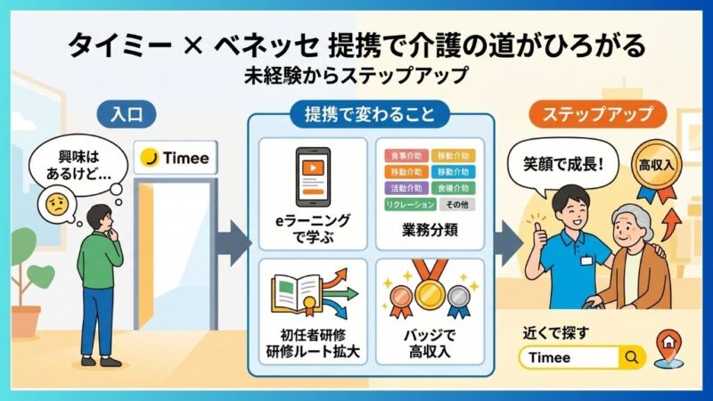 タイミーはベネッセキャリオスとの提携で無資格・未経験者が働きやすくなったことを表現した華やかな画像