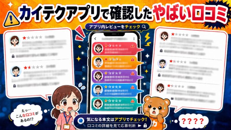 「カイテクアプリで確認したやばい口コミ」と言うタイトルで作った画像。ネガティブな印象を強調しないようにポップにしている。