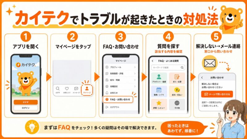 カイテクでトラブルが起きたときの対処法5つの手順（アプリを開く、マイページをタップ、FAQ・お問い合わせ、質問を探す、解決しない場合はメール連絡）を解説した画像