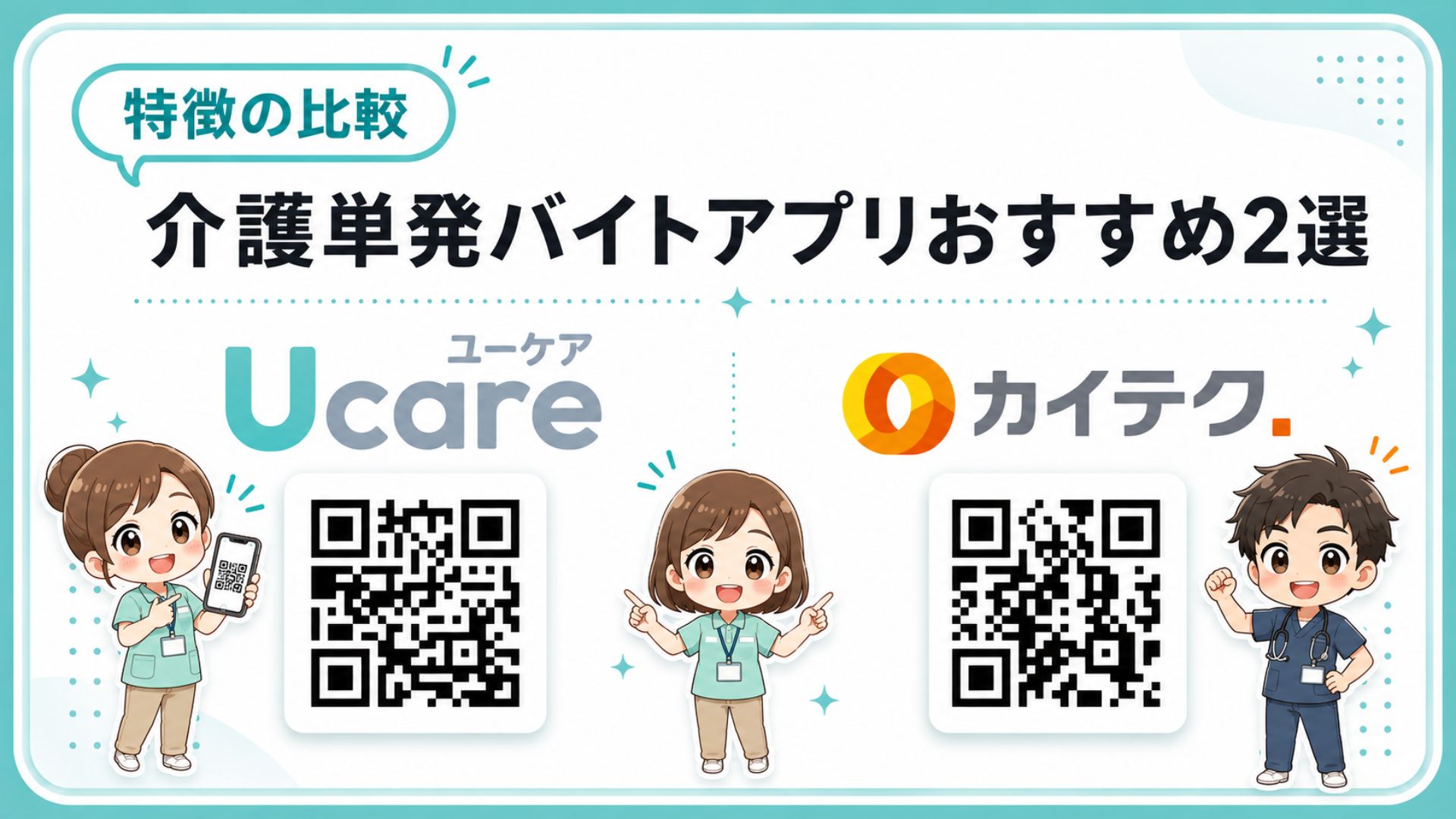 ユーケアとカイテク オリジナル図解。アプリのQRコード付き。ポップなアニメイラストとともに。