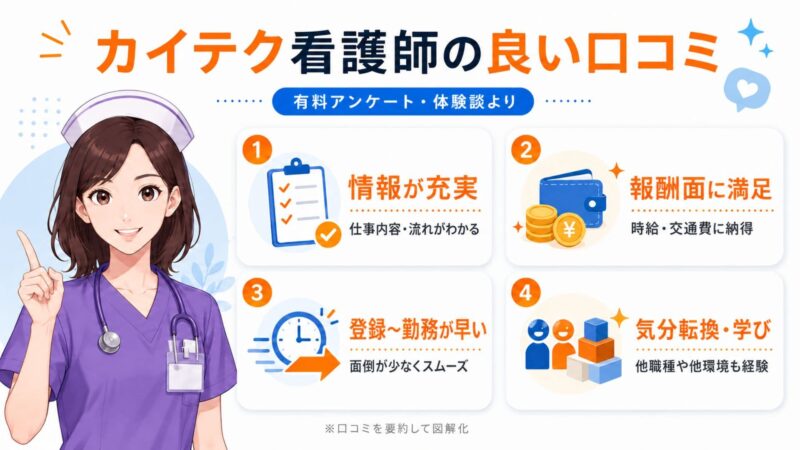 介護単発バイトアプリ「カイテク」を利用した看護師の「良い口コミ」を解説する画像（仕事情報の充実、報酬、登録のスムーズさ、他職種経験のメリットを図解）