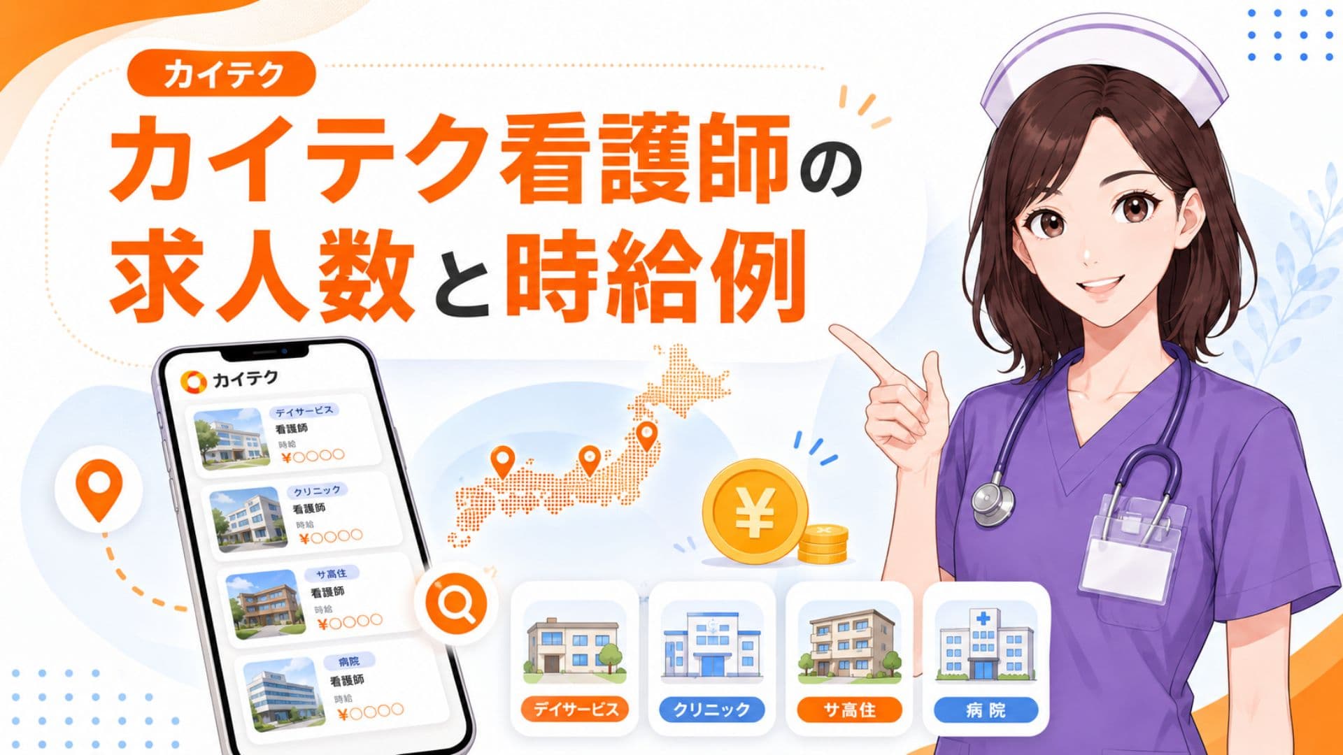 介護単発バイトアプリ「カイテク」における看護師の求人数と時給例（デイサービス、クリニック、サ高住、病院の募集形態）を解説する図解画像