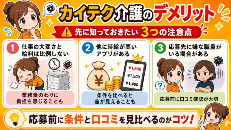 働いて実感したカイテク介護のデメリッ3つの図解。、「仕事の大変さと給料は比例しない」「他に時給が高いアプリがある」「応募先に嫌な職員がいる場合がある」