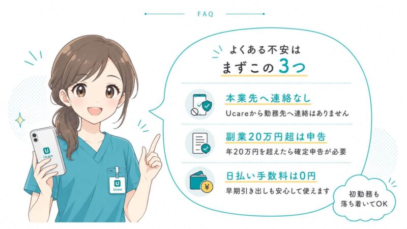 Ucare看護師バイトのよくある不安として本業先への連絡なし、副業20万円超の確定申告、日払い手数料0円を解説したFAQ画像