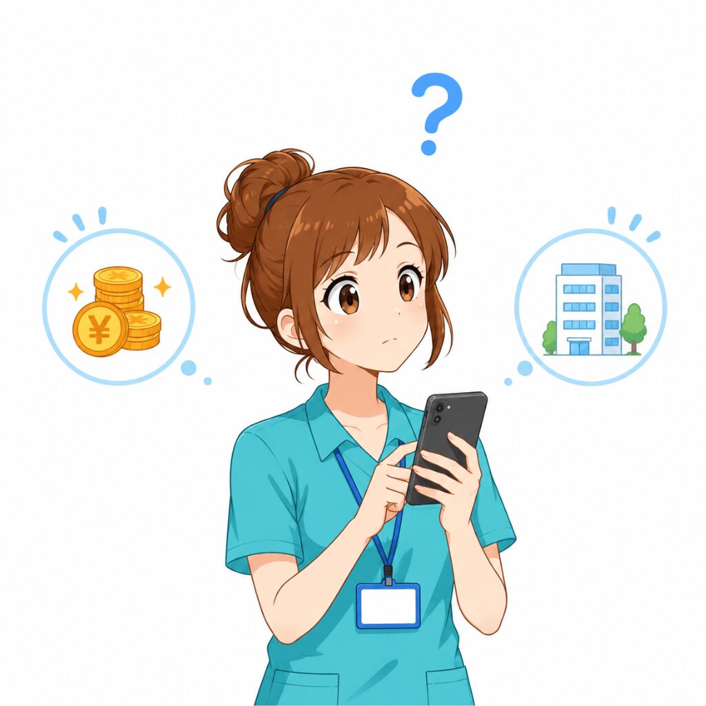単発バイトが気になる理由を考える介護士のイラスト