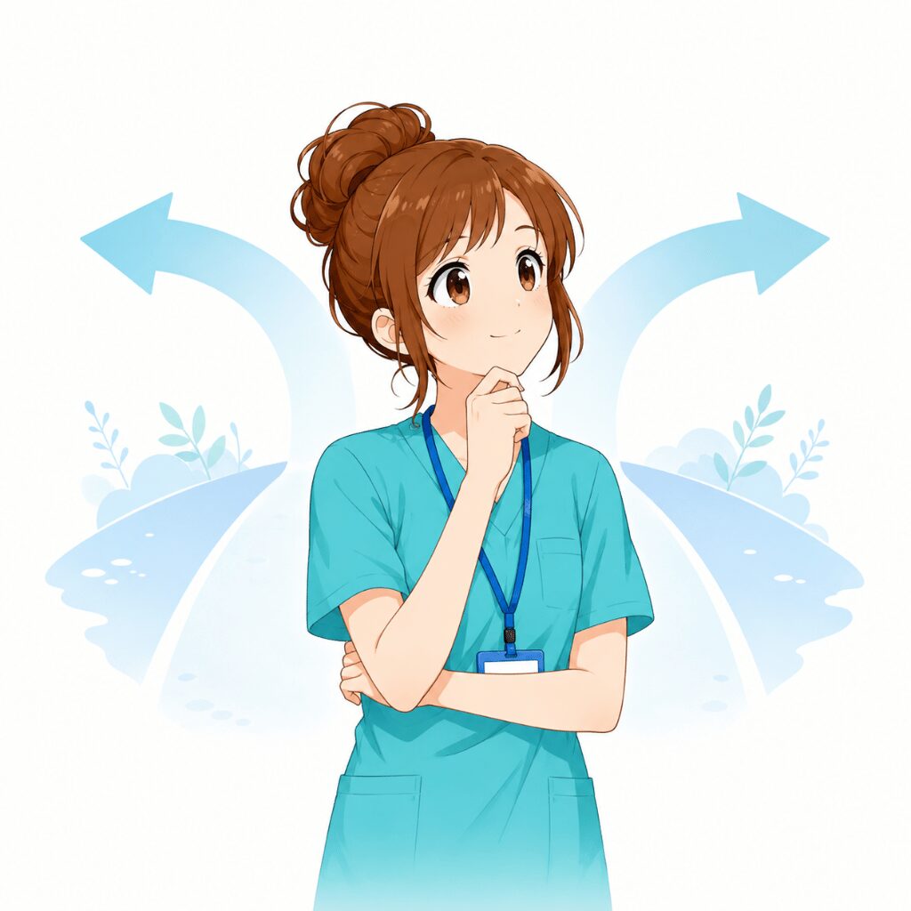 職場を変えるか考える介護士のイラスト