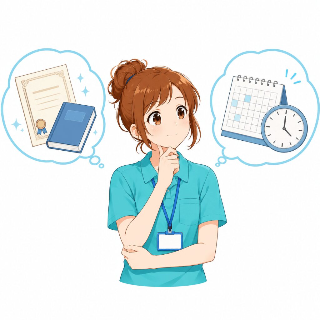 働き方を思い浮かべる介護士のイラスト